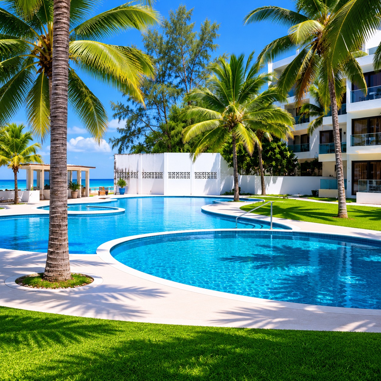 Modern swimming pool with sun loungers and relaxing resort ambiance
