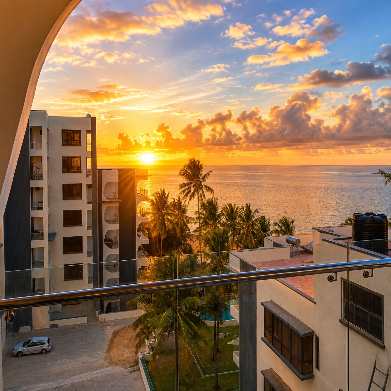 Sunrise view from balcony showing calm ocean and golden morning light