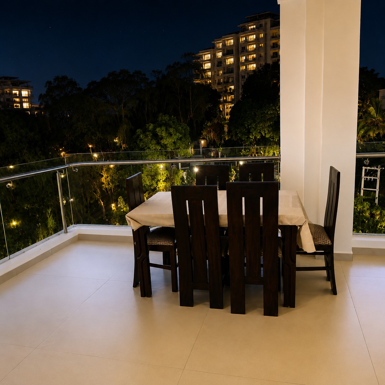 Romantic balcony dinner setup with table, chairs, and scenic outdoor view