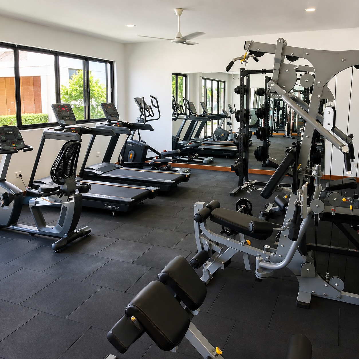 Modern fitness gym with equipment for strength and cardio workouts